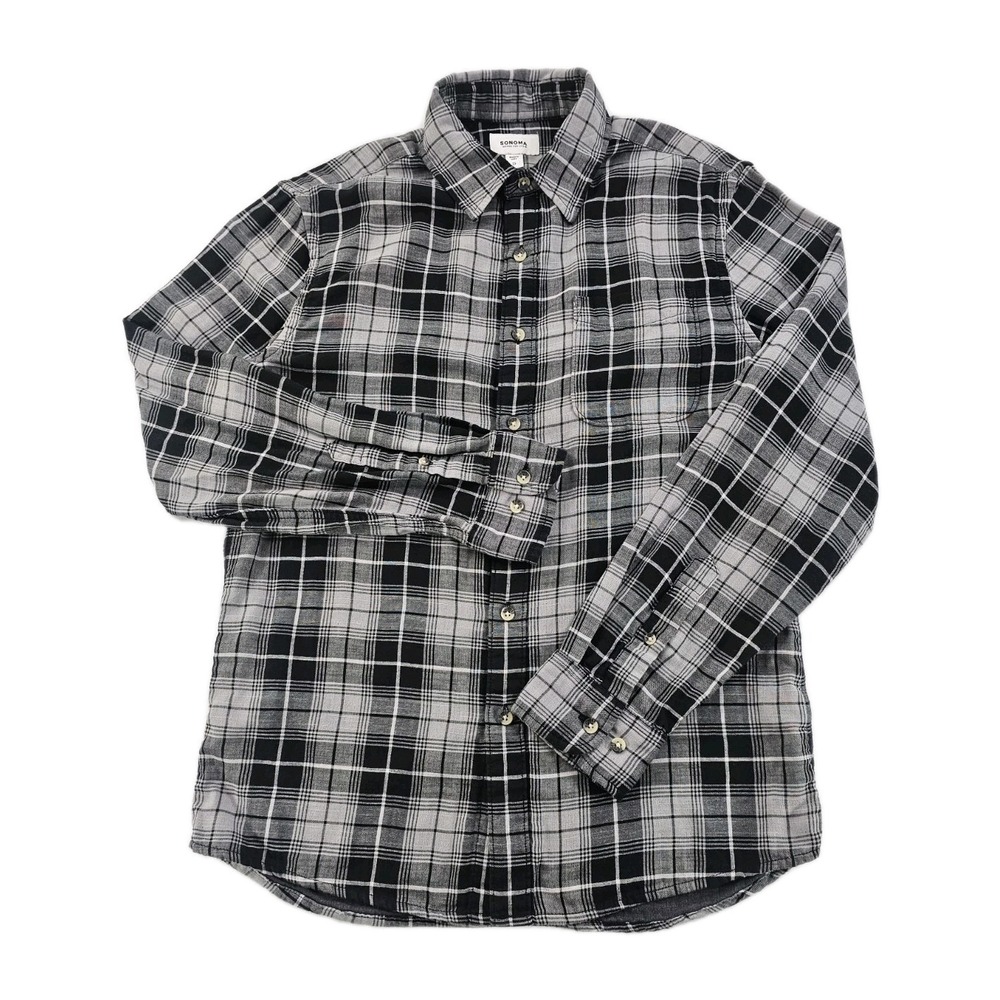 Sonoma Men's Button Up Small Lined Plaid Stretch Casual Shirt Black Grey Comfort